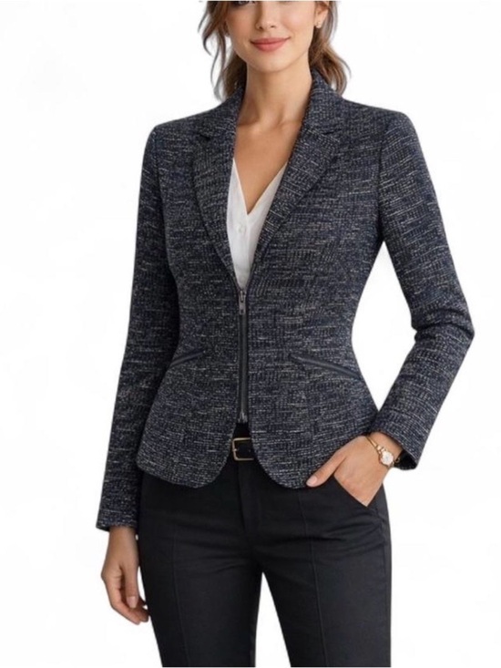 CAbi Jackets & Blazers - CAbi Black and White Tweed Zip-Front Blazer Size 8